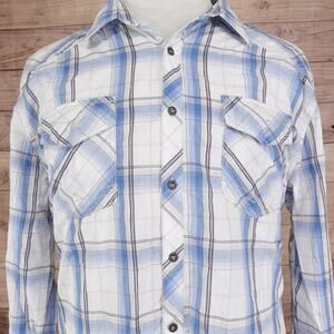 BKE Shirt Mens XL White Blue Plaid Long Sleeve Button Front Athletic Fit Western